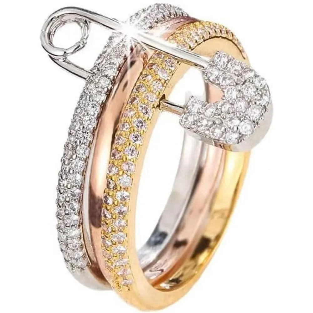 Stackable Rings for Women, 3PCS Safety Pin Ring Set Silver & Gold Cz Cubic