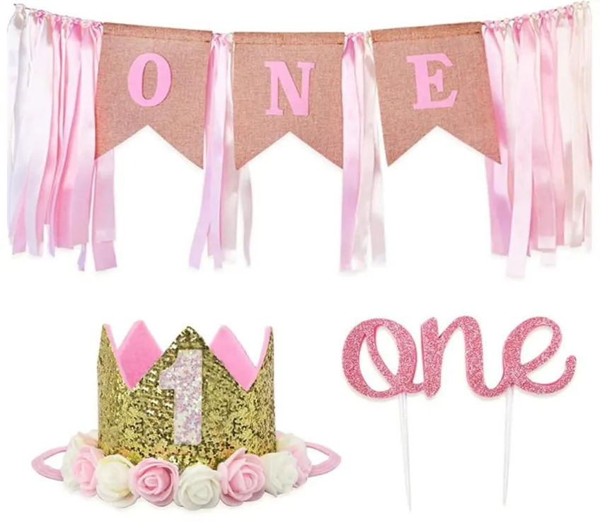 Pink 1st Birthday Party Set Crown Banner Cake Topper Decor