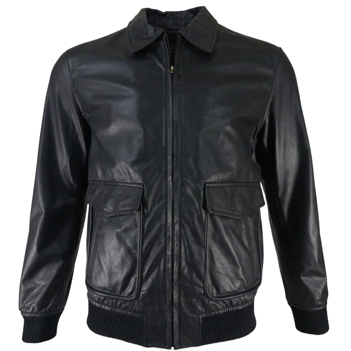 Mens Genuine Sheep Leather Regular Fit Bomber Jacket - Plain Black