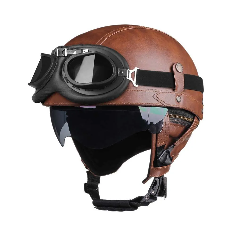 Retro Leather Motorcycle Half Helmet with Safety Detachable Scarf Sun Visor - Brown