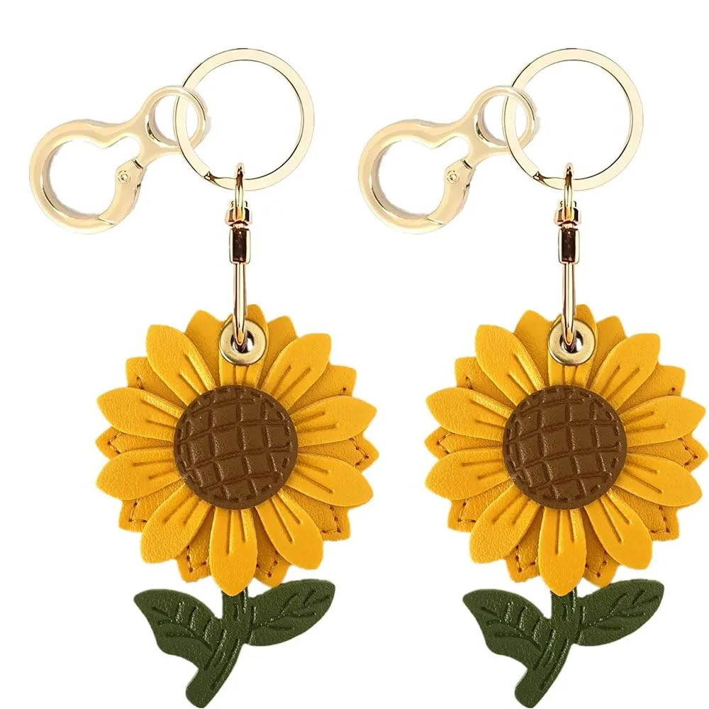 2-Pack Sunflower Leather Keychain Clips for Wallets, Bags & Pets