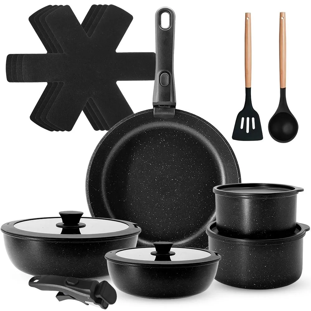 Chenshia 17pc Non-Stick Cookware Set with Detachable Handle Pots & Pans Kit