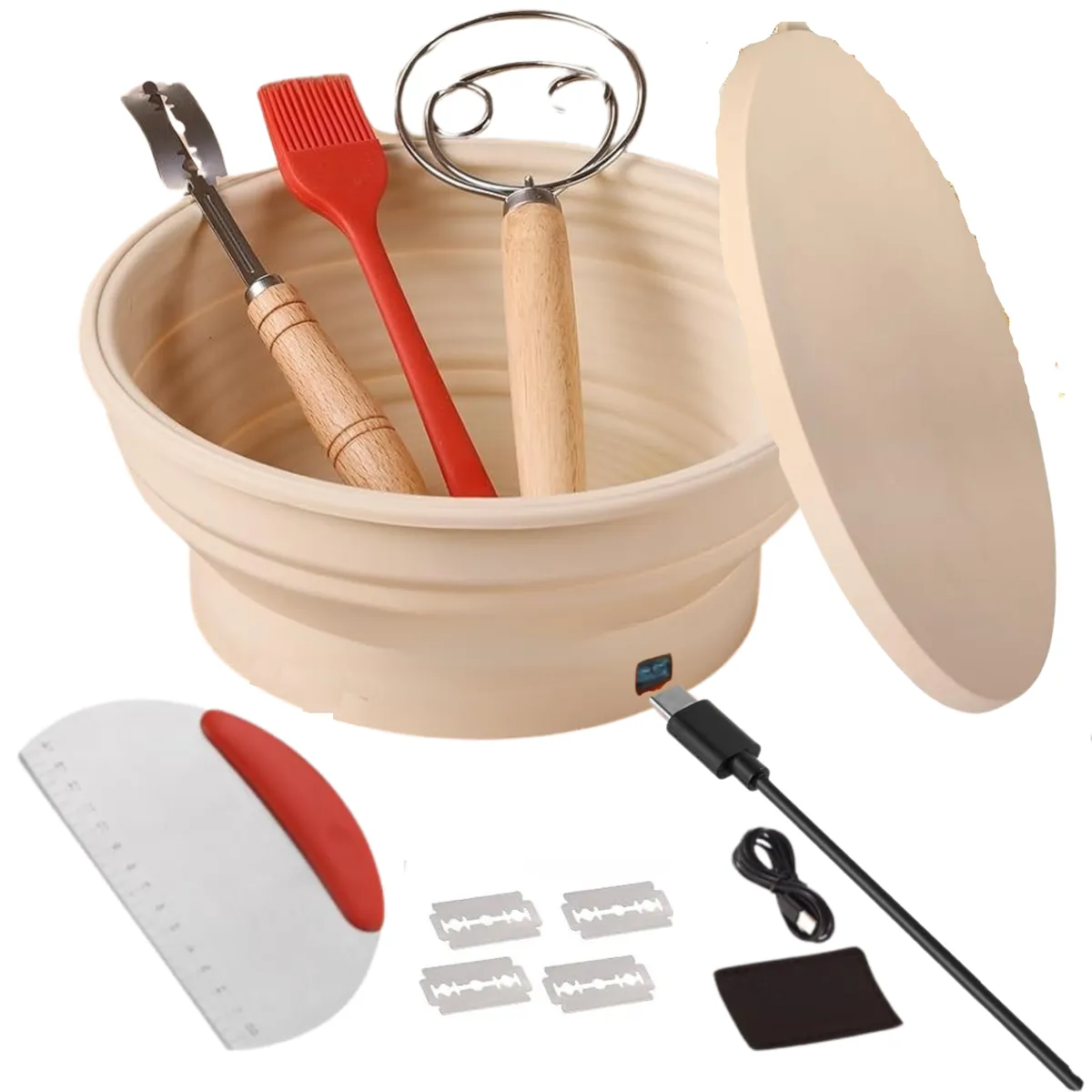 9 Pcs Electric Banneton Sourdough Bread Proofing Basket Set,Silicone Warmer