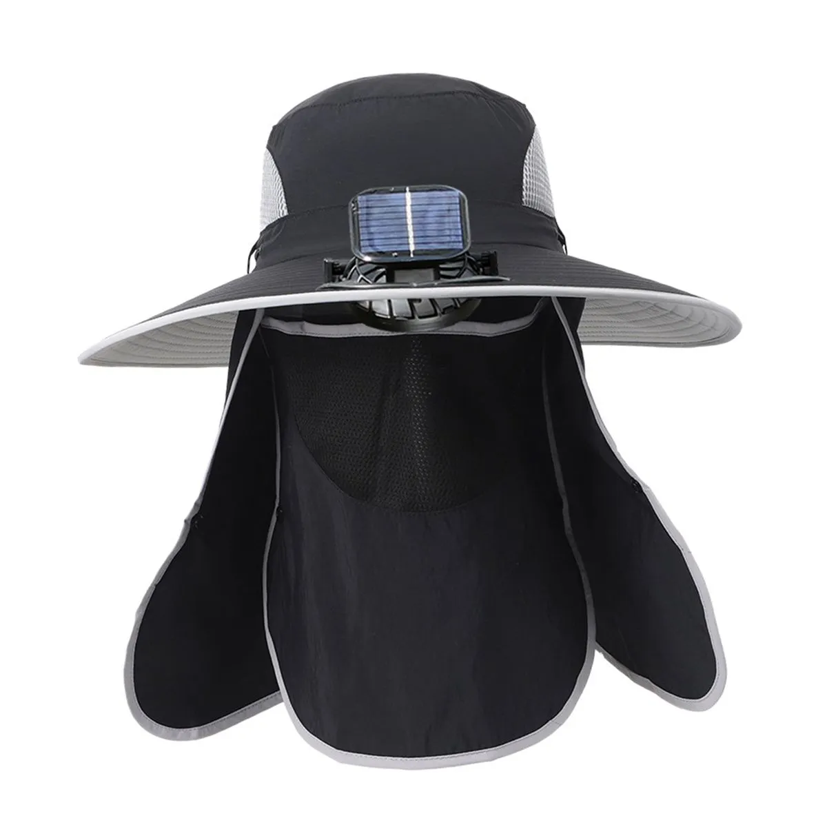 Outdoor Solar Fan Hat Sun Protection Wide Brim Cooling Fan Fisherman Hat - Black, White