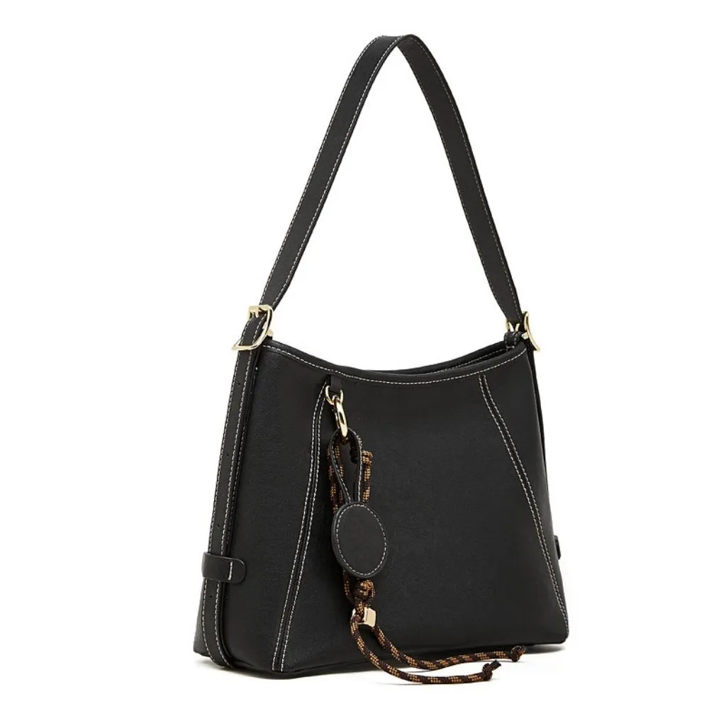 Premium Leather Hobo Bag - Chic Contrast Stitching Shoulder Purse - Black