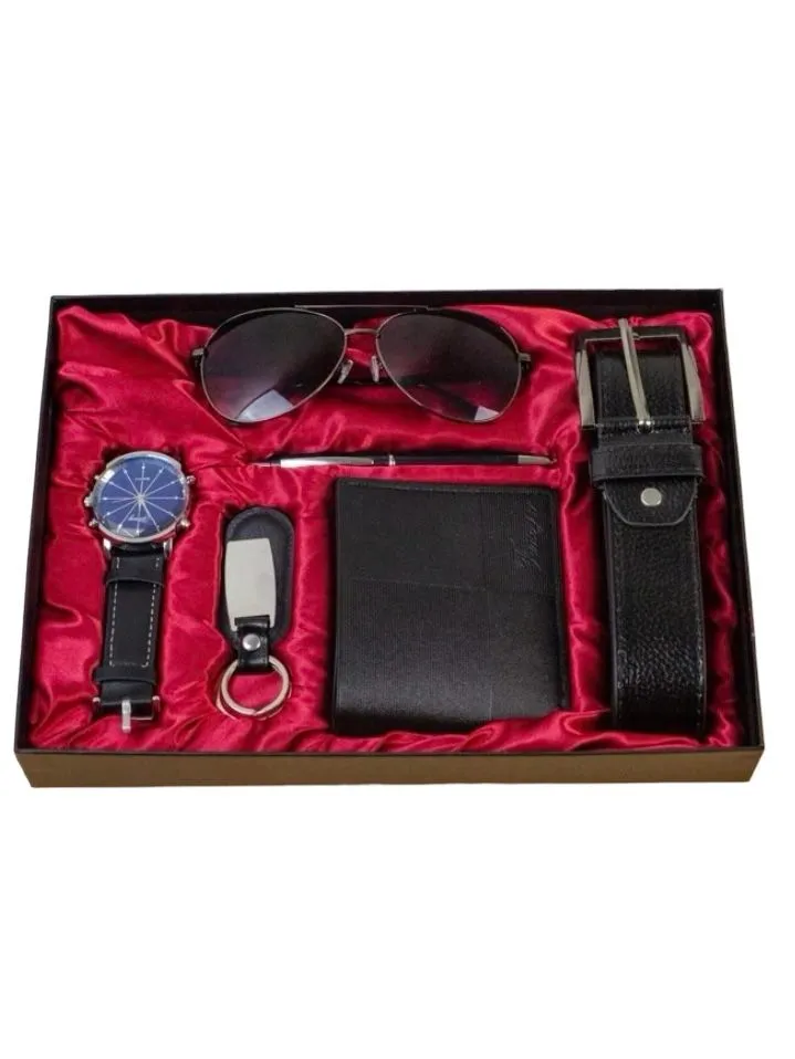 Man Gift Box Watch-Sunglasses Leather Belt-Wallet-Pen-Keychain - Black