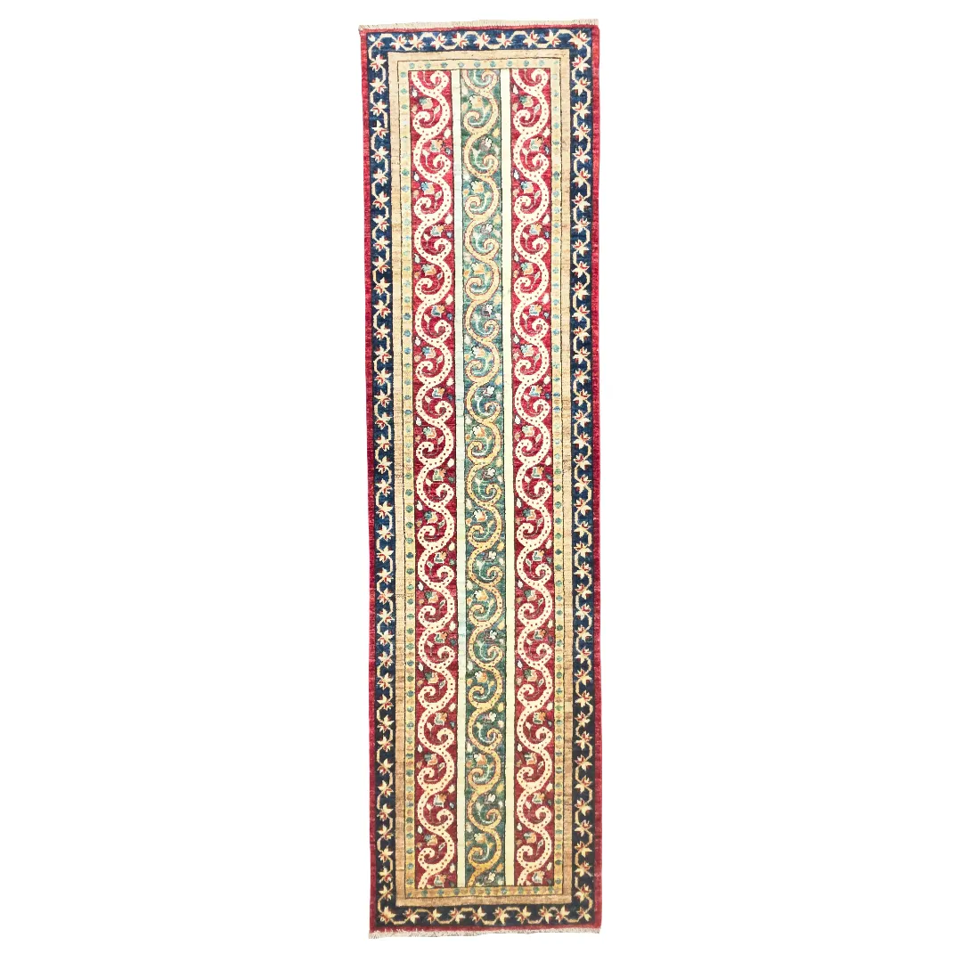 303 x 77cm Hand Made Dull Red & Beige Chobi Afghan Runner Rug