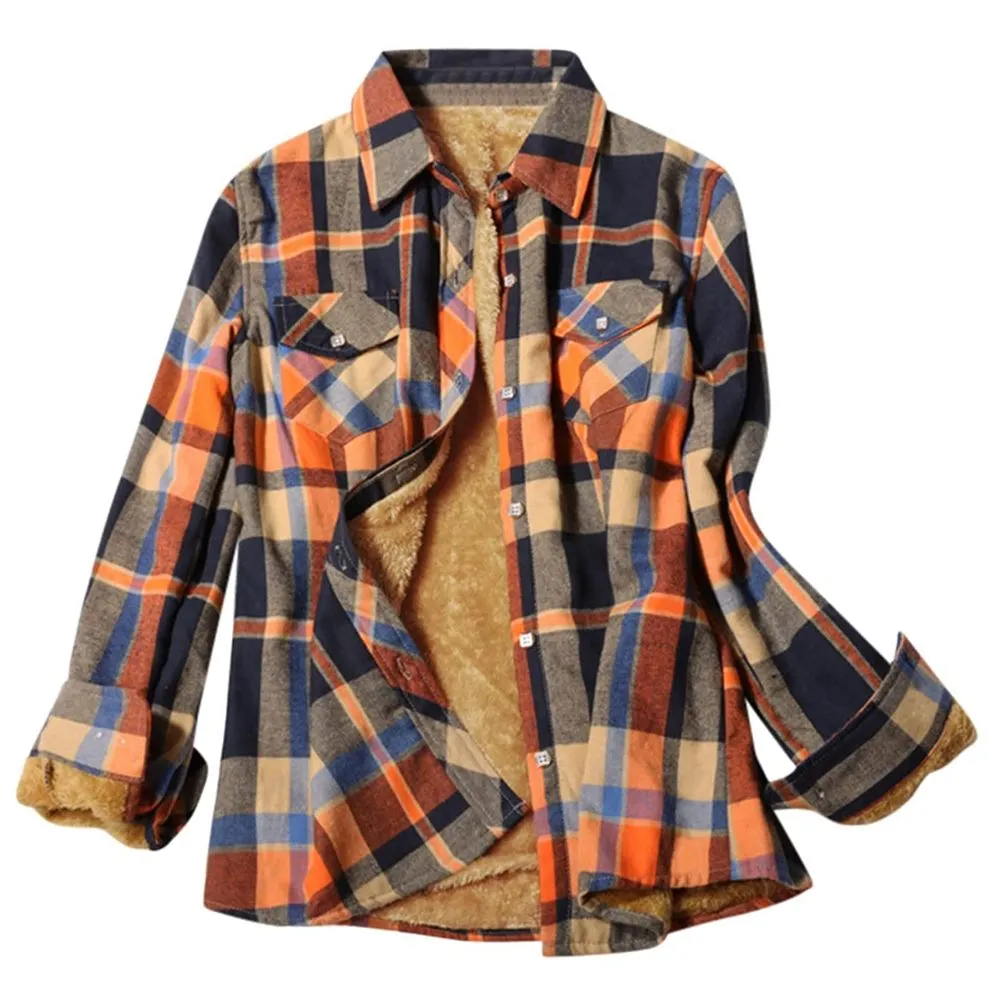 Fashion Winter Warm Fleece Lined Plaid Long Sleeve Coat Jacket