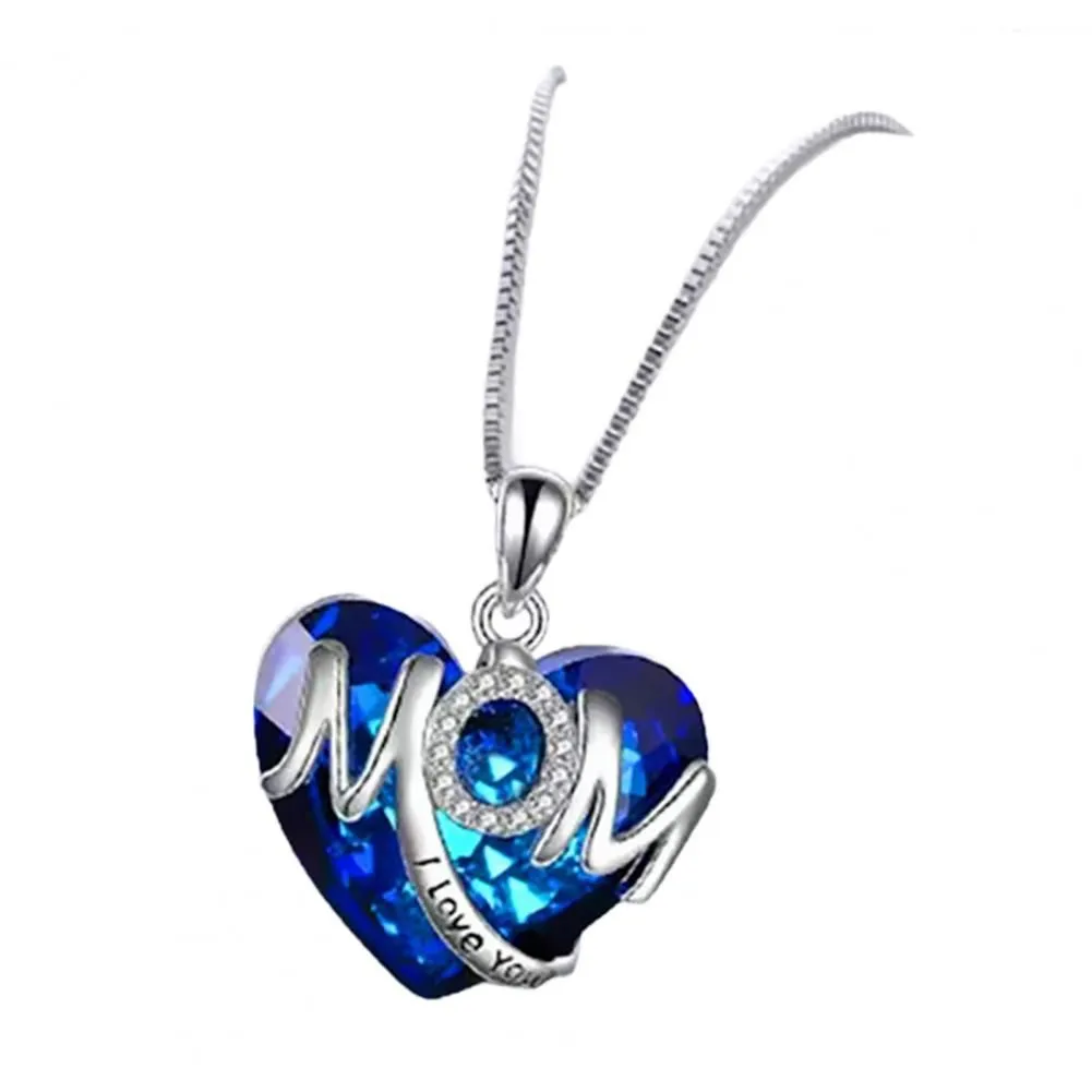 Fashion Mom Love Crystal Pendant Necklace Charm Necklaces for Women - Blue