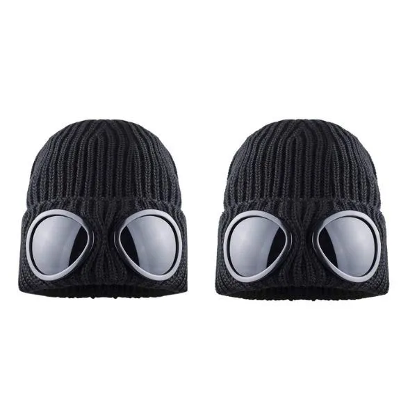 Black Knitted Goggle Beanie Hat - Pack of 2 (Winter Warm)