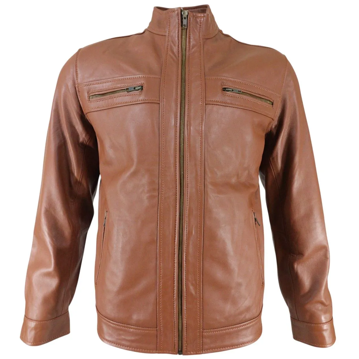 Mens Genuine Sheep Leather Regular Fit Jacket - Dark Tan Plain