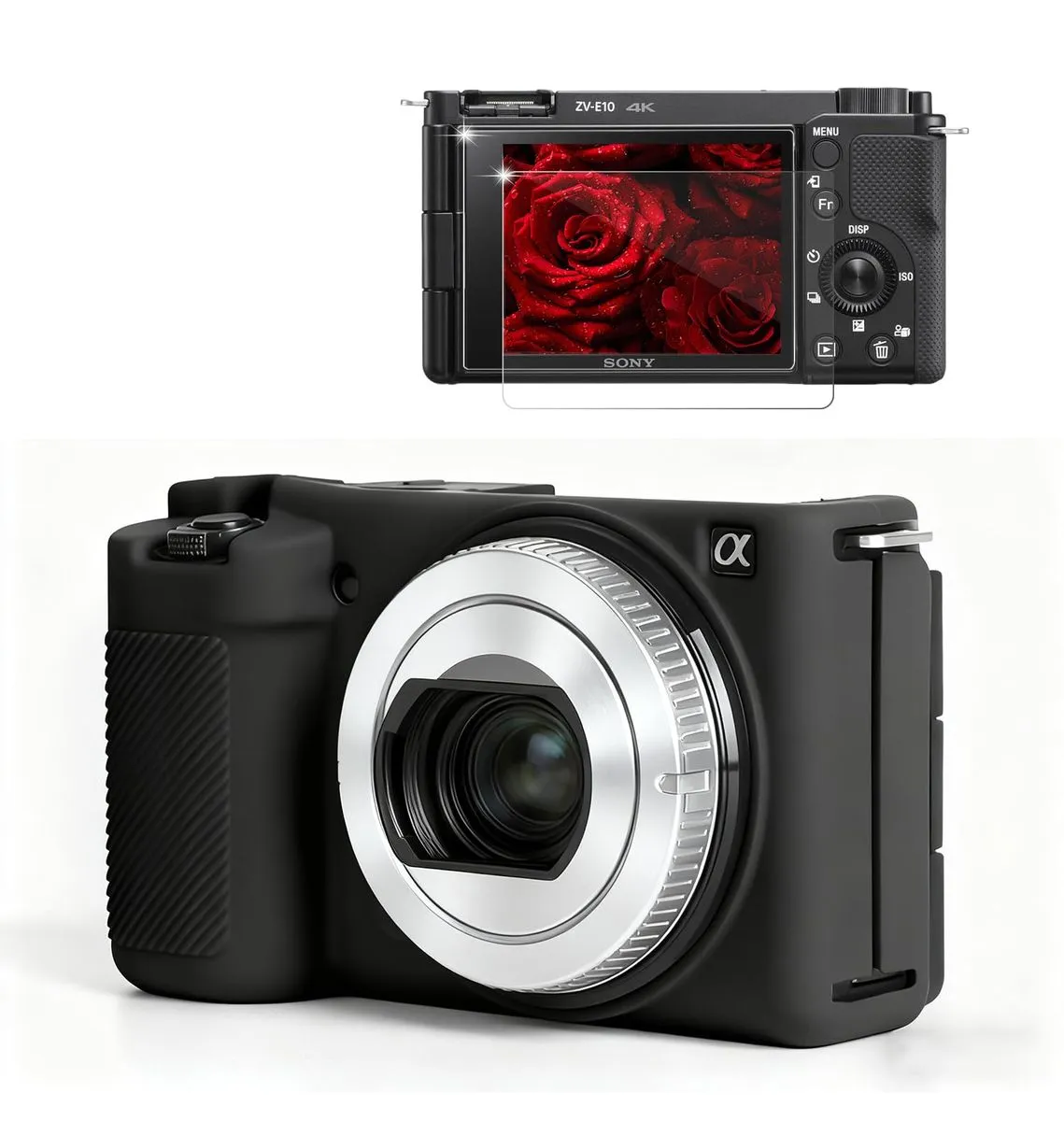 Compatible with Sony ZV-E10 Silicone Camera Case + 2PCS Screen Protectors - Black
