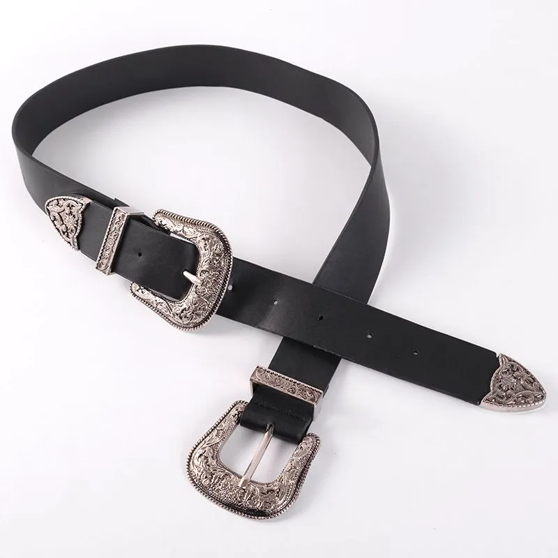 Women's New Belt Alloy Double Buckle Fashion PU Belt