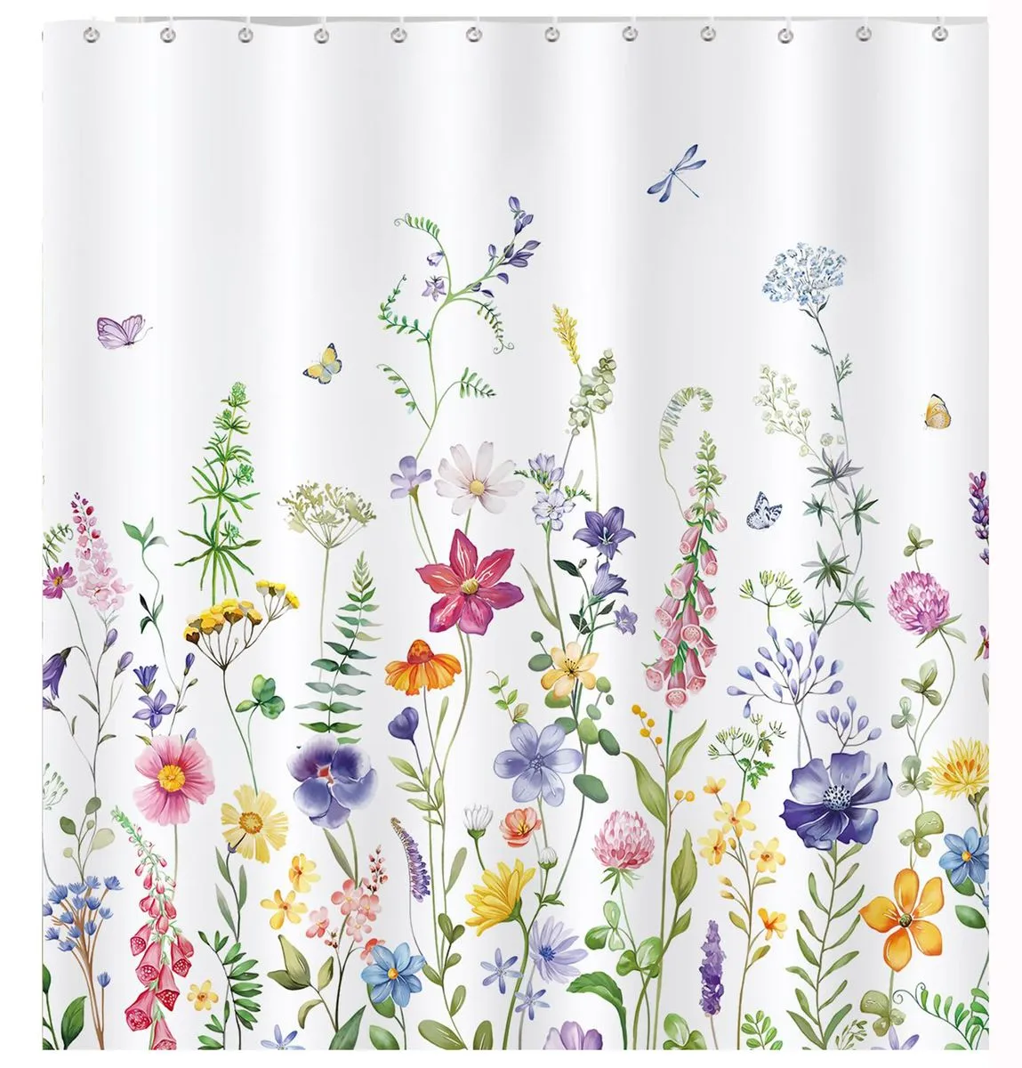 Floral Shower Curtain,Butterfly Spring Bathroom Curtain 180 x 180 cm - White