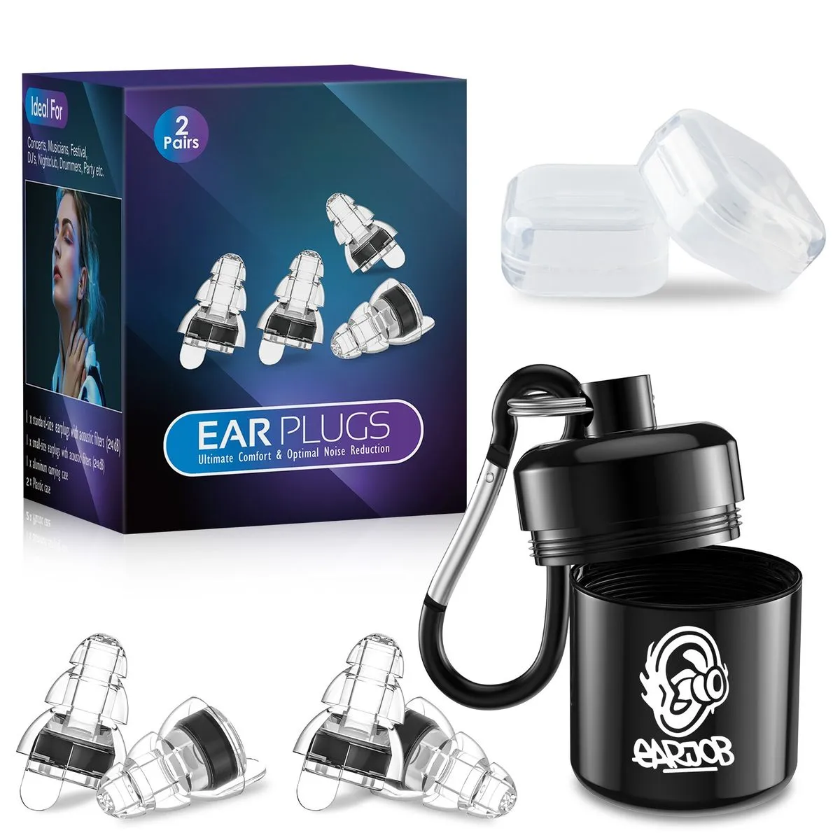 Earjob - 2 Pairs of High Fidelity Earplugs with Aluminium Keychain Case - Black