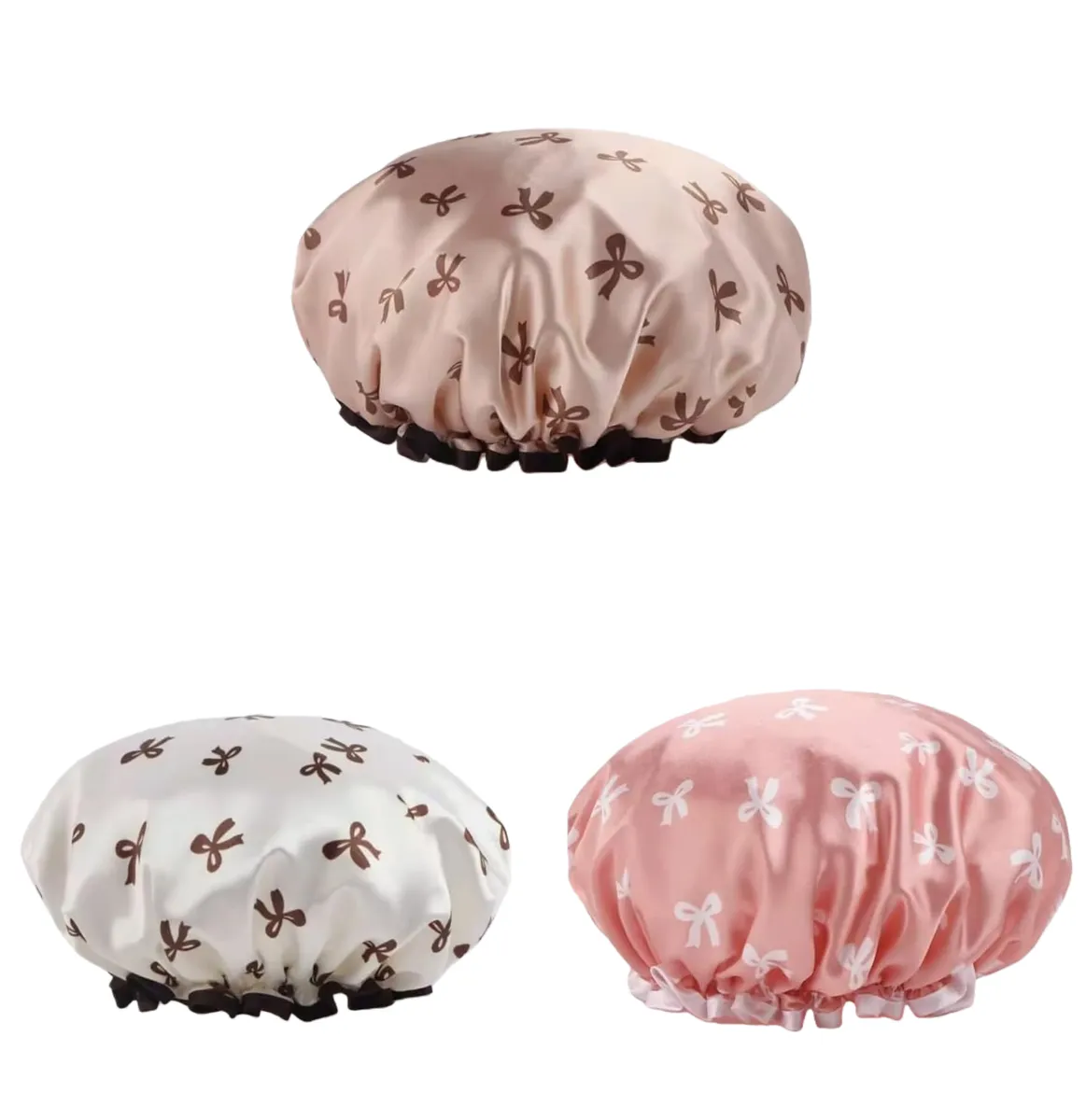 3 Pcs Reusable Shower Caps for Women Elastic Lady Satin Hair Cap (Bowknot)