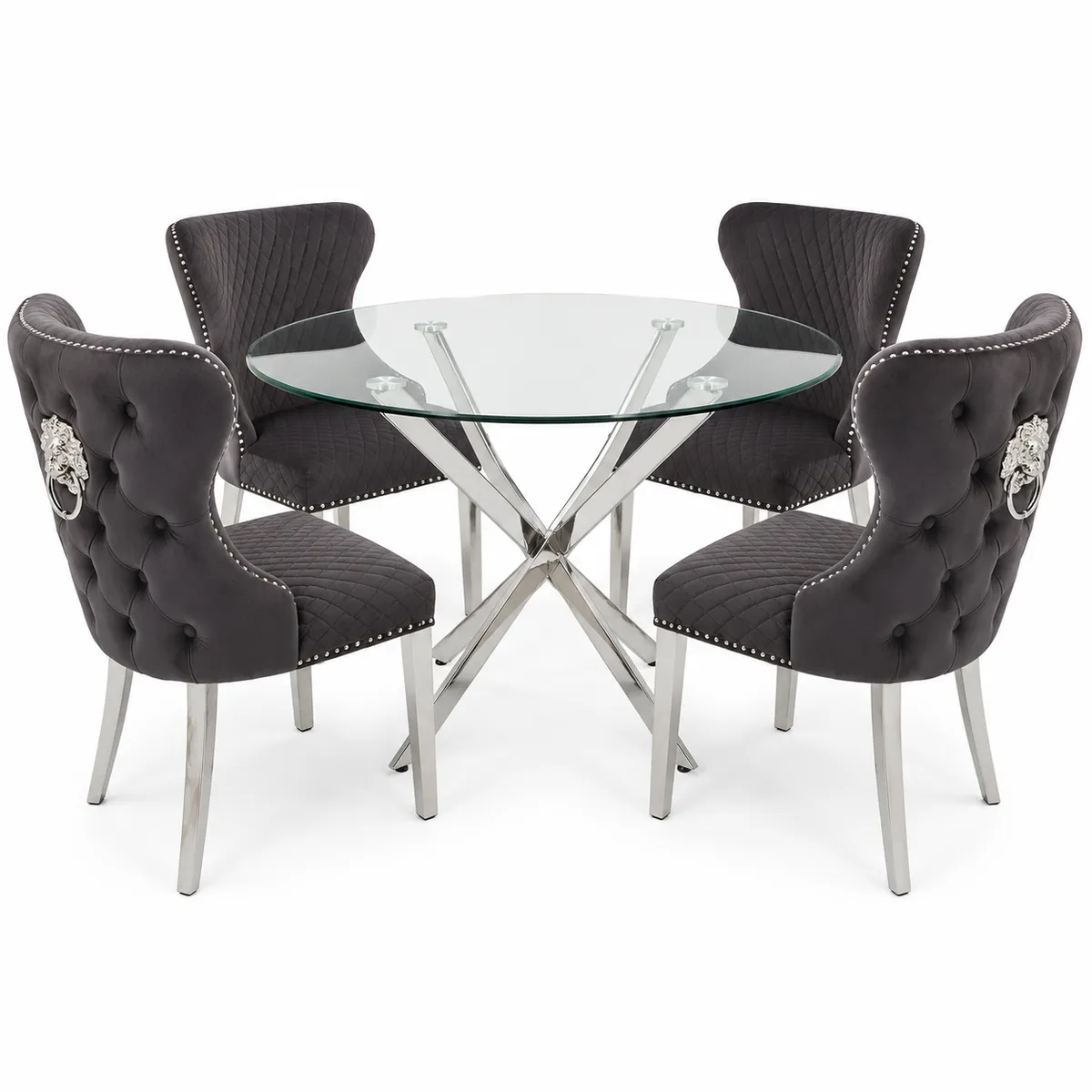 Nadia Glass Dining Table Set with 4 Quilted Velvet Chairs
