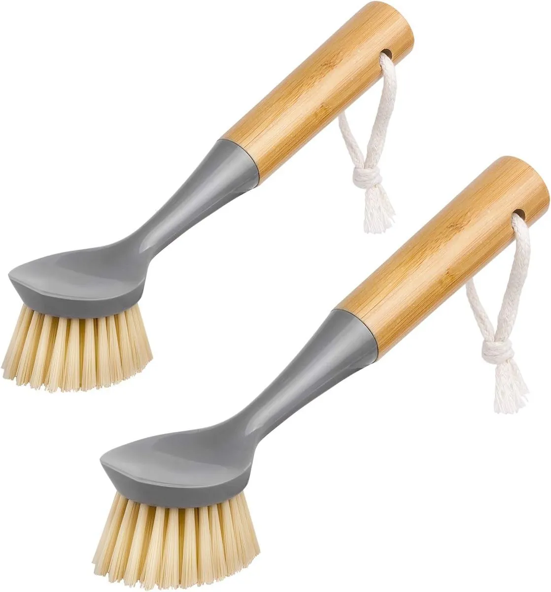 Bamboo Dish Brush with Built-in Scraper for Pots and Pans, 2 Pieces