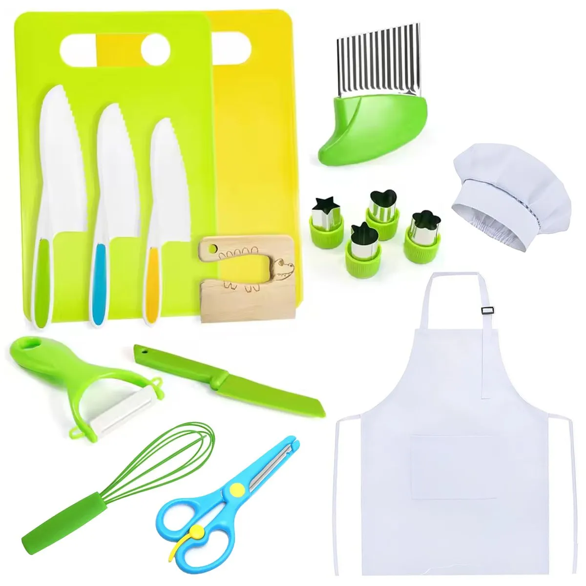17 Piece Kids Safe Plastic Kitchen Knives Cutting Board Apron Chef Hat Real Set