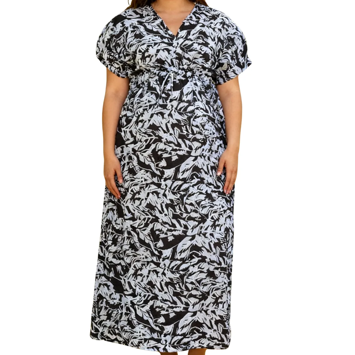 Maternity Dress Mono Leaf Print- Maxi Dress