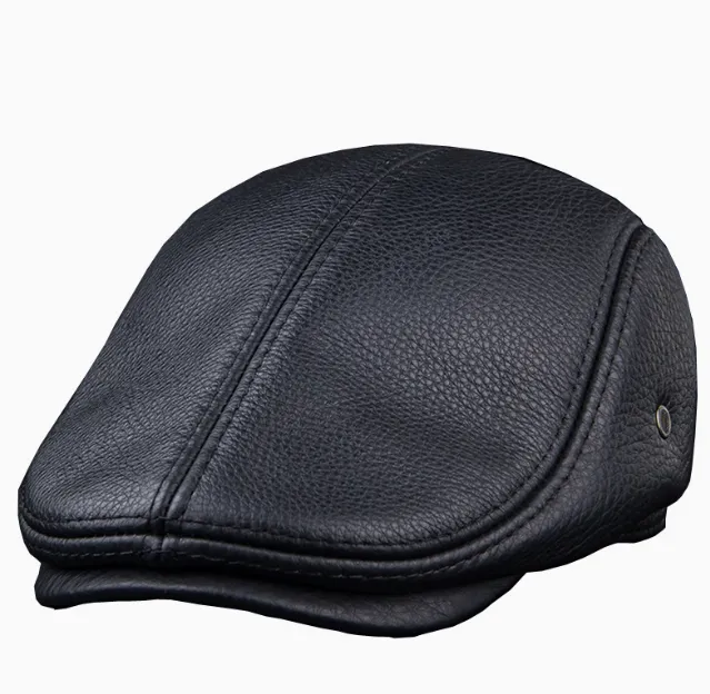 Genuine Leather Flat Cap - Men's Black Duckbill Hat For Winter & Outdoor
