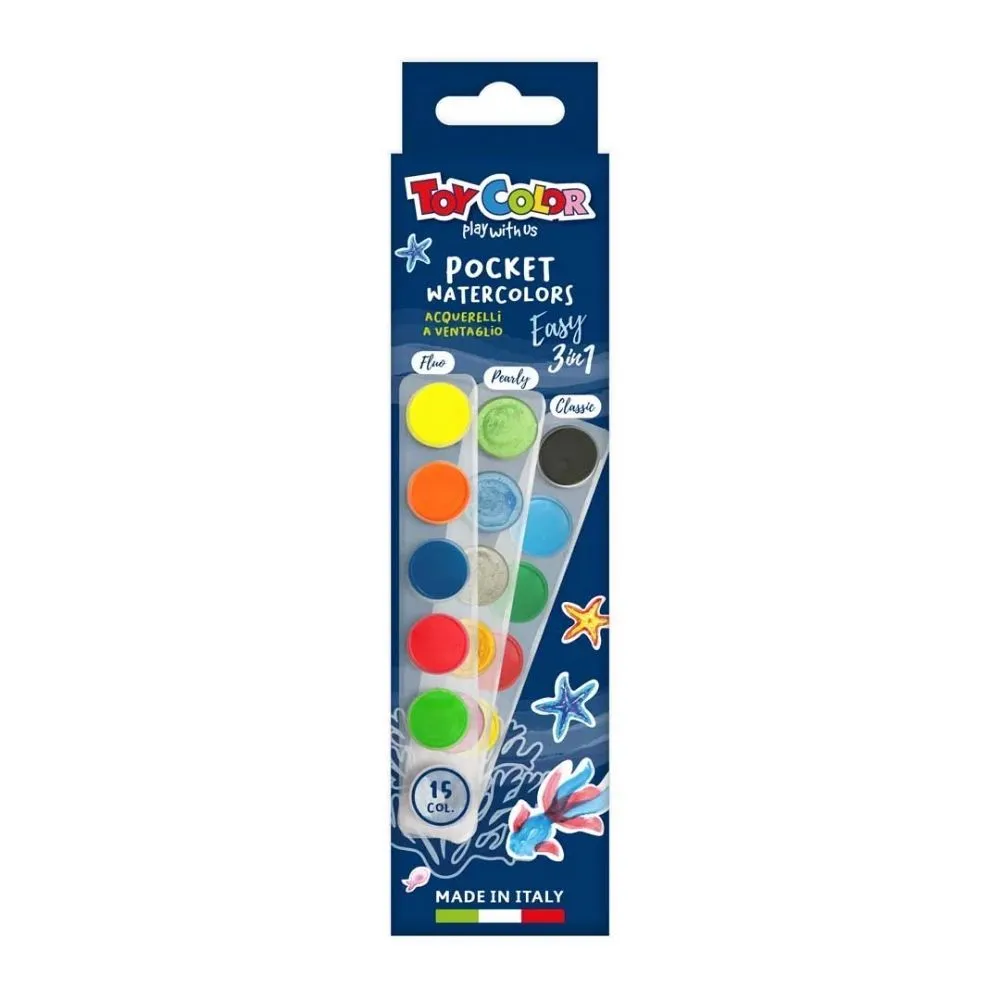 Toy Color - Pocket Watercolours - 15 Colours, 22mm - Classic, Pearl, Fluo