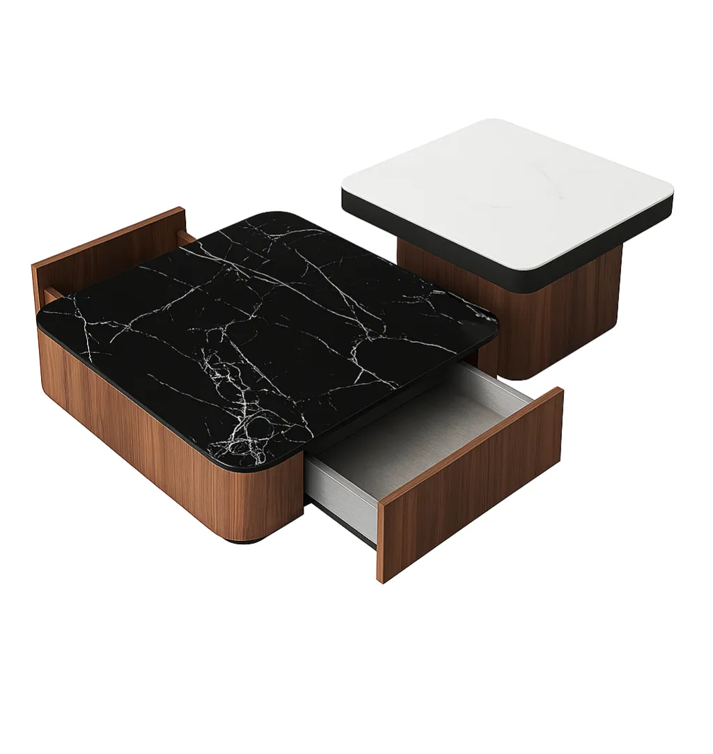 Contemporary Coffee Table Duo - Marble Finish & Hidden Storage