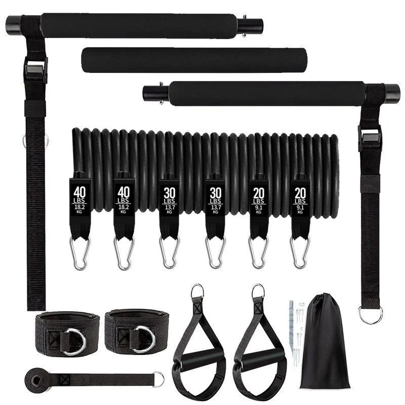 16PCS Pilates Resistance Bands Exercise Set Workout Yoga Equipment Fitness - Black