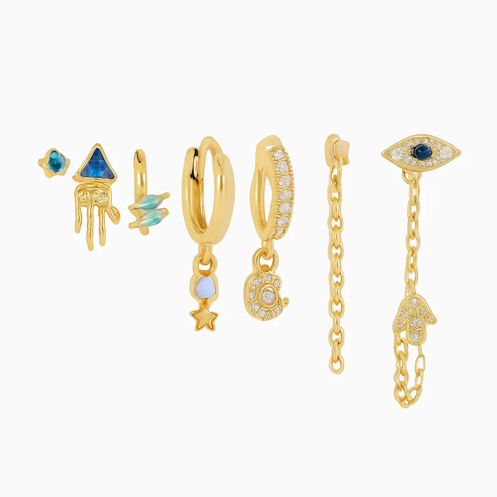 Evil Eye and Hamsa Ear Stack Set - Multi-Layer Dangle and Stud Earrings