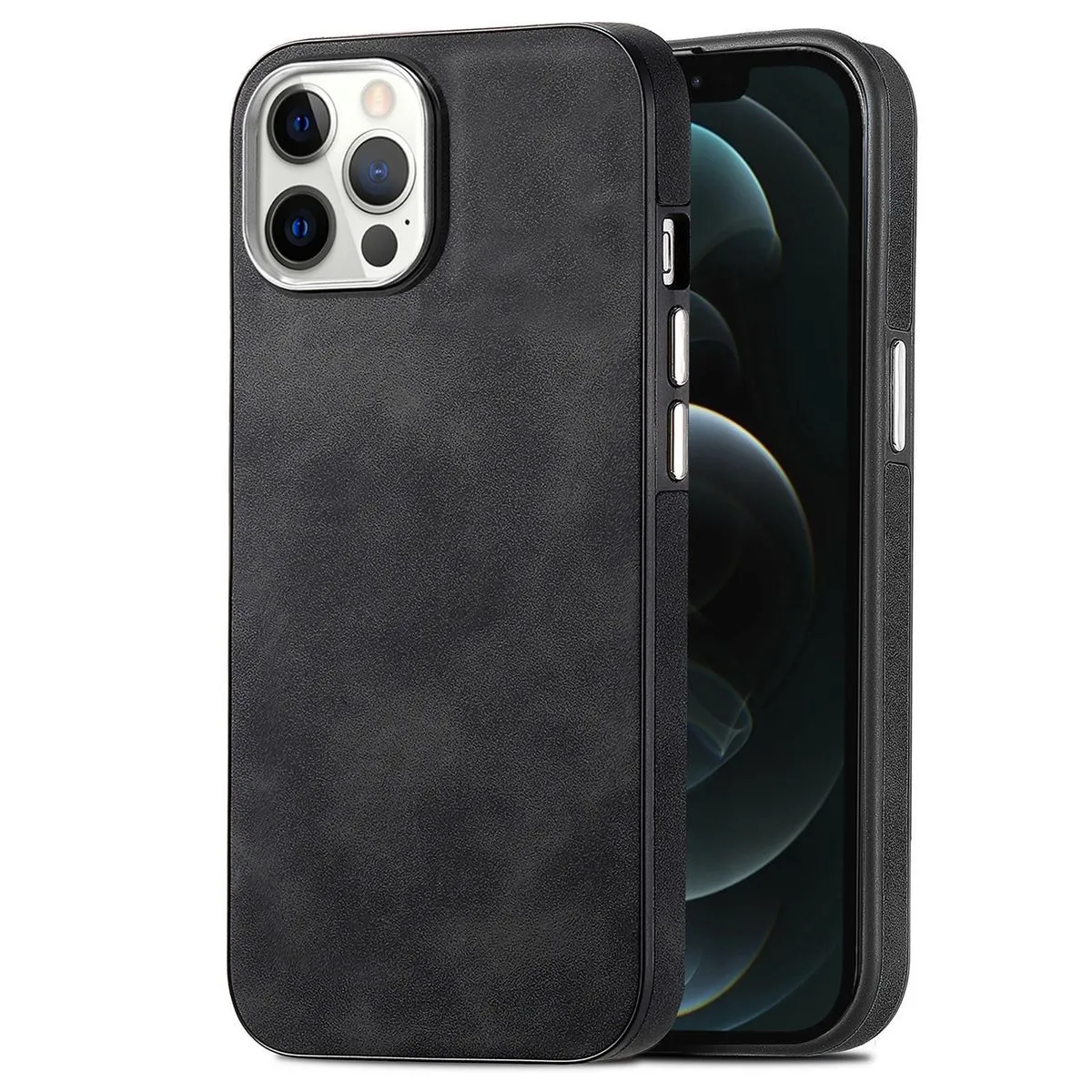 Vegan Leather Electroplated Phone Case Compatible with iPhone 12 PRO Max - Black