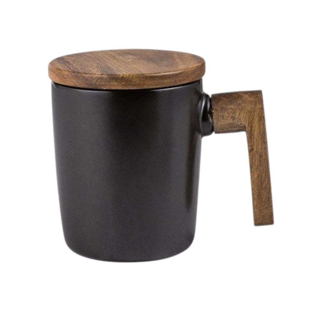 Creative Nordic Wooden Handle Mug With Lid - 400ML - Black