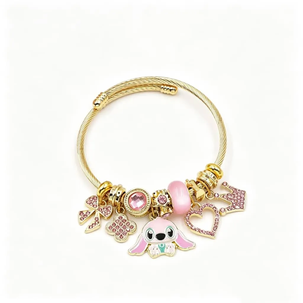 Gold-Plated Lilo and Stitch Inspired Angel Charm Bangle Bracelet