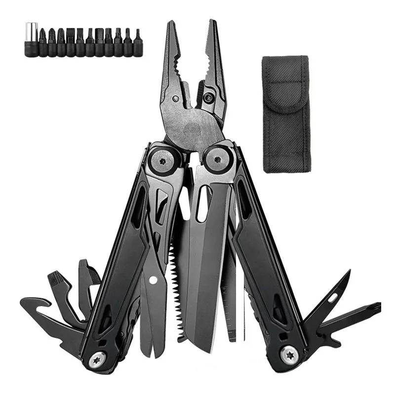 28-in-1 2Cr13 Stainless Steel Multitool Pliers with Screwdriver Bits - Black