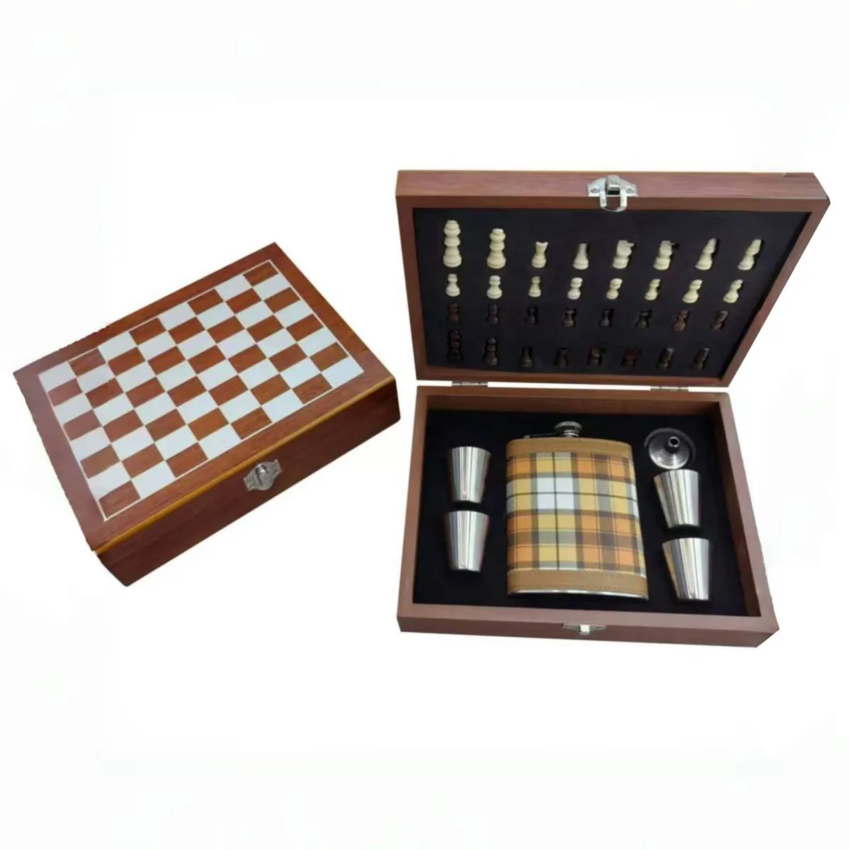 Whiskey Bottle and Cups Gift Set Chess Wooden Box for Men