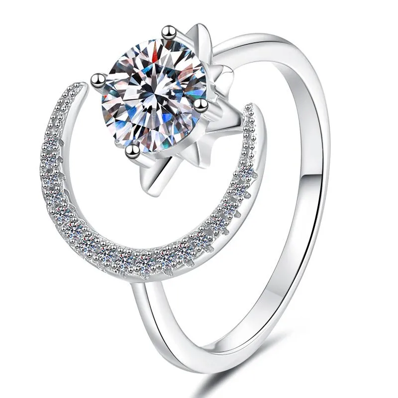 S925 Silver Moon Star Ring | 1ct Moissanite Adjustable Ring