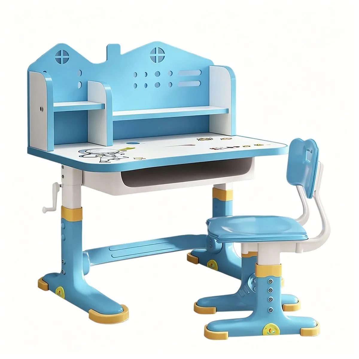 Height Adjustable Children Study Table Chair Set with Bookshelf Drawer - Blue