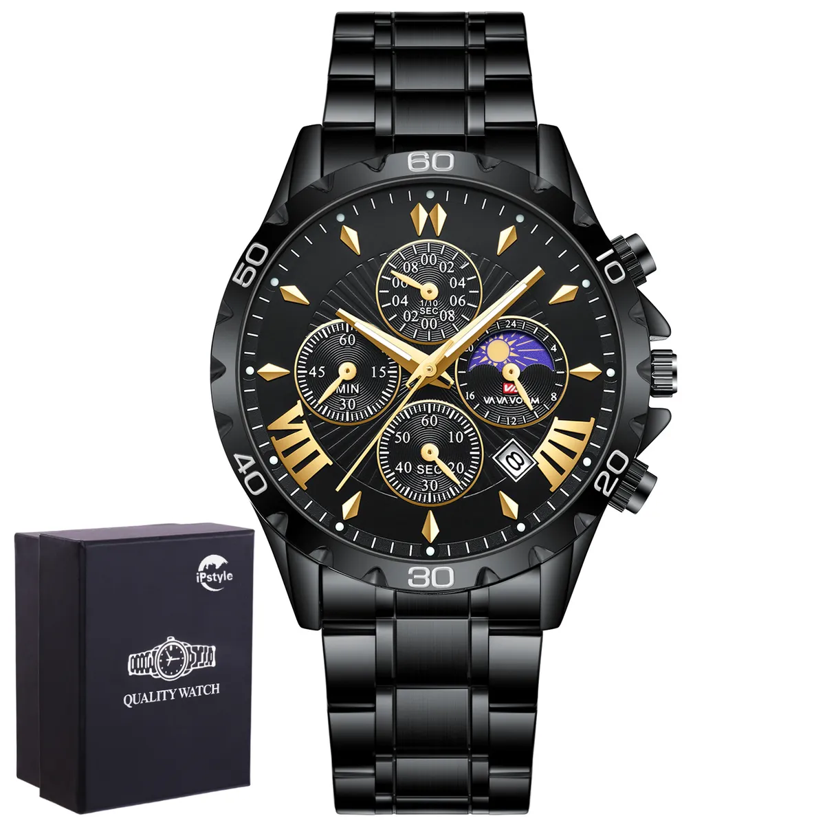 IPSTYLE Men Stainless Steel Watch Fashionable 43mm Large Dial Luminous - Black