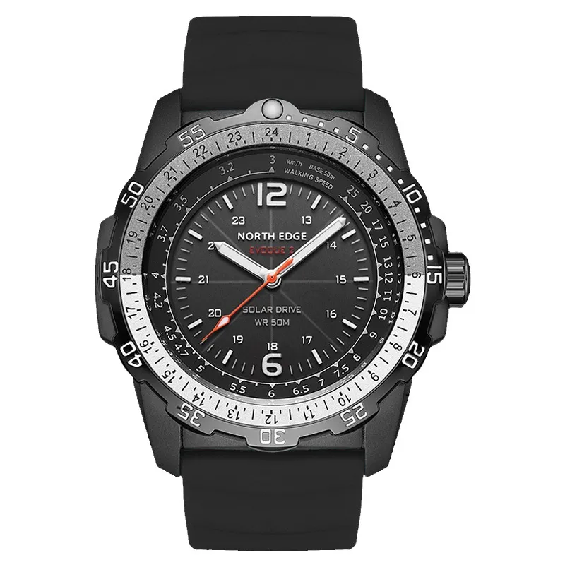 Solar Sports Watch, 180-Day Standby, 50M WR, Silicone Strap - Black