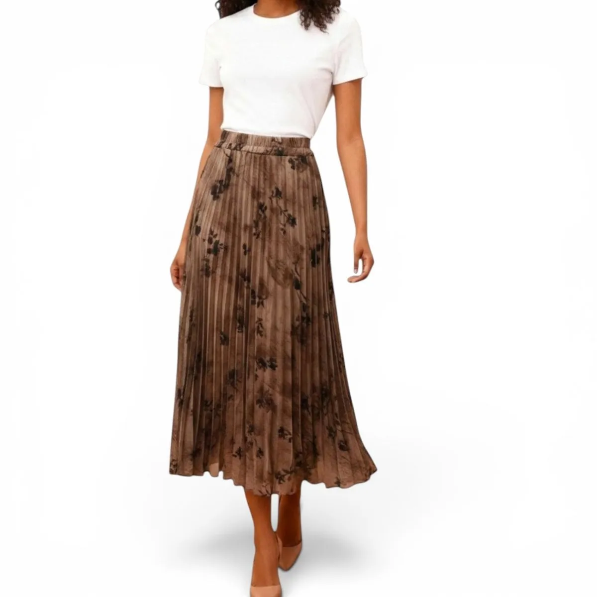 GlammeFab Floral Print Pleated Skirt - Brown