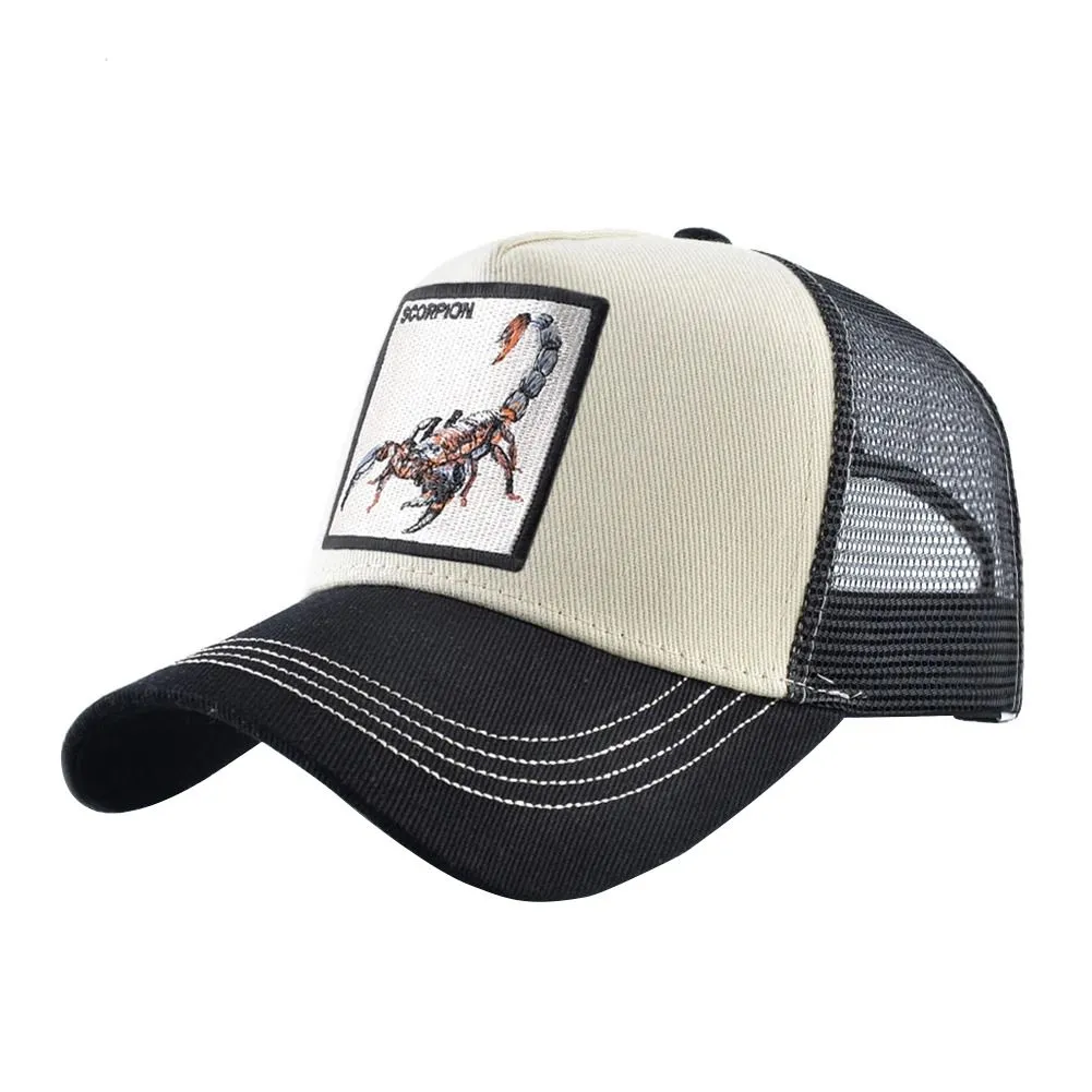 Men's Trucker Caps With Scorpion Patch Snapback Hip Hop Baseball Cap - Beige