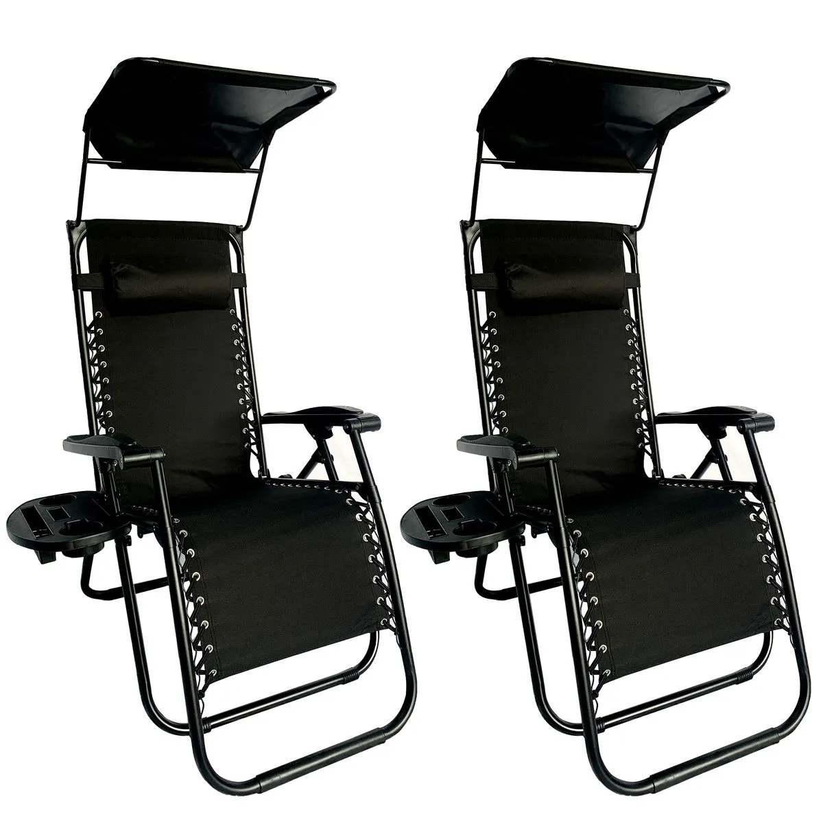 Sun Lounger Recliner Chair with Canopy Sunshade - Set of 2 - Black