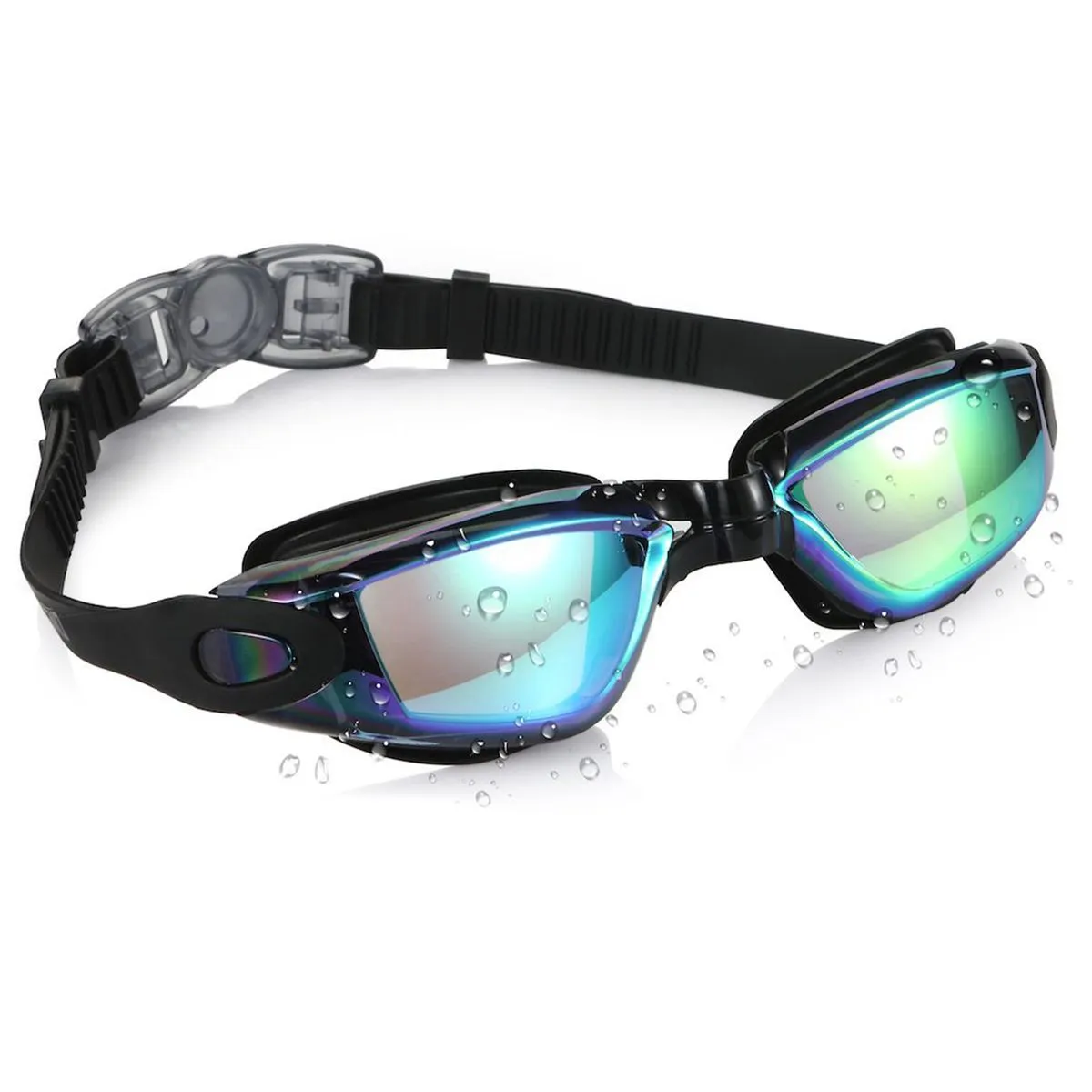 Swim Goggles Anti-Fog Colorful Mirrored with Protective Case UV Protection - Black