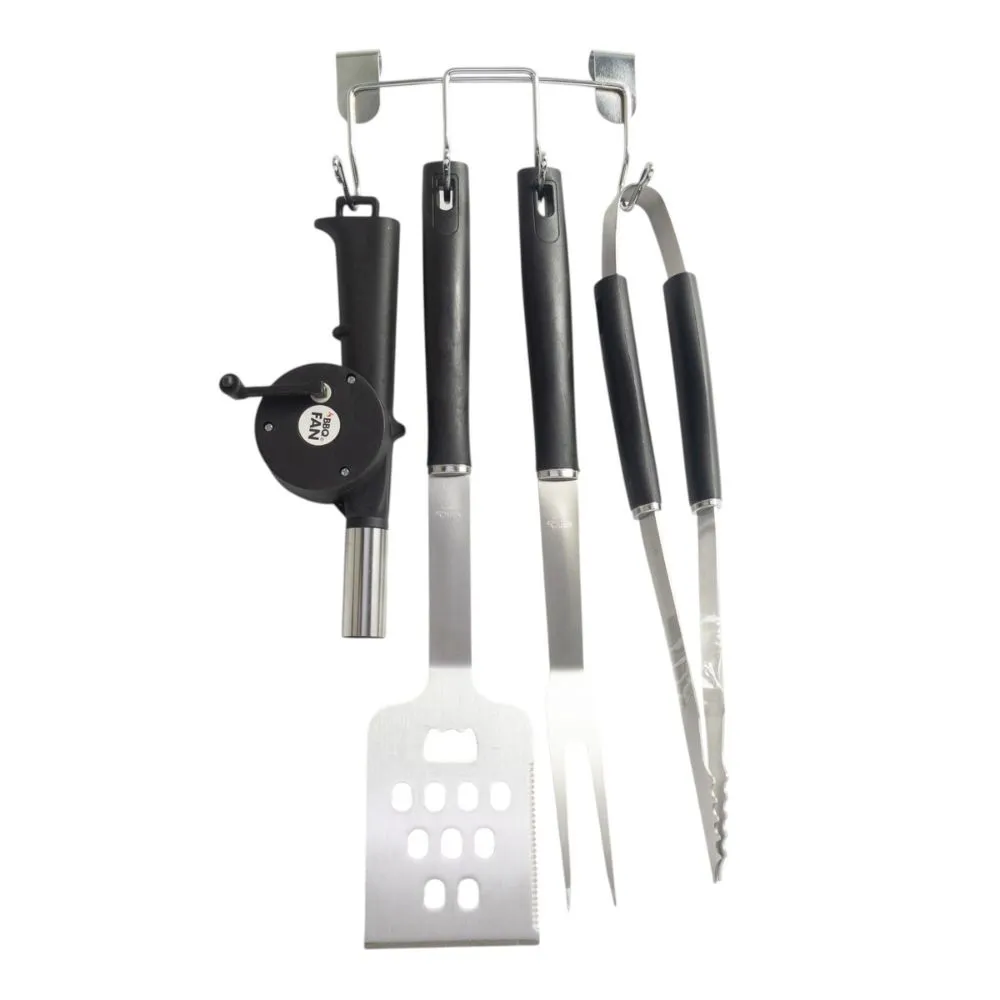 5 Piece Stainless Steel Braai Set - Tools, Fan & Holder BBQ Grill Kit