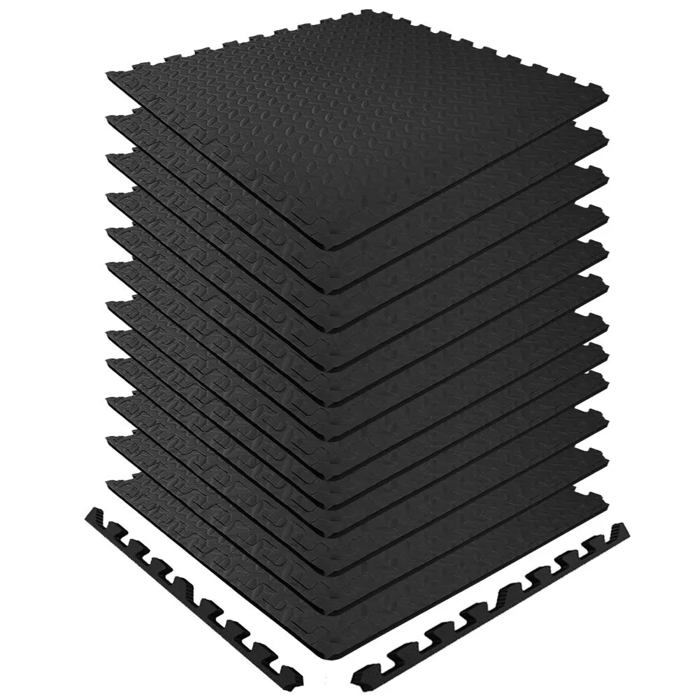 Anchor 12 Pack Interlocking Floor Mats Non Slip 1cm Thick Protective Tiles - Black