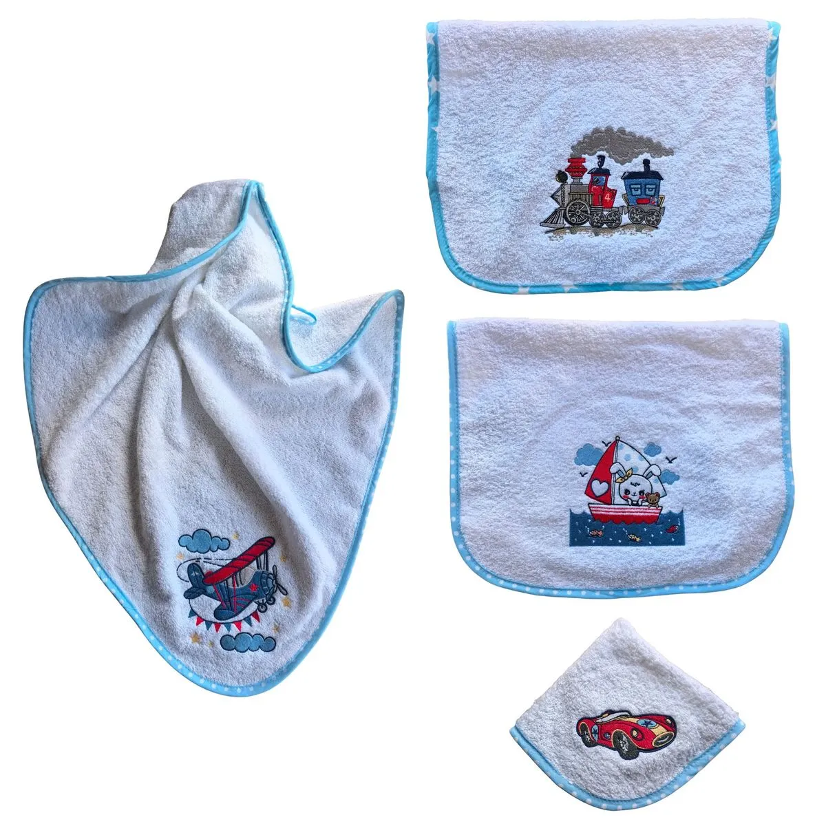 Transport Themed burp cloths set with face towel with blue binding