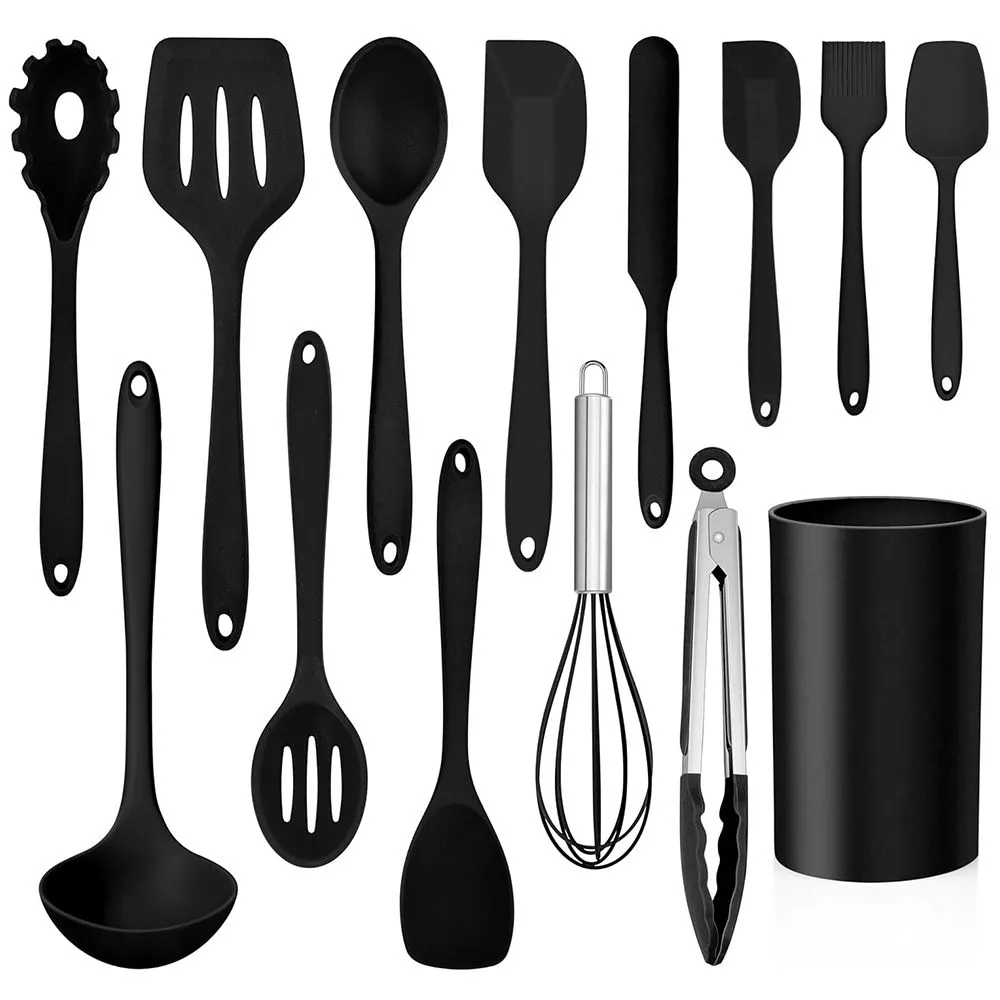 14 Piece Silicone Utensils Set with Holder Kitchen Cooking Tools - Black