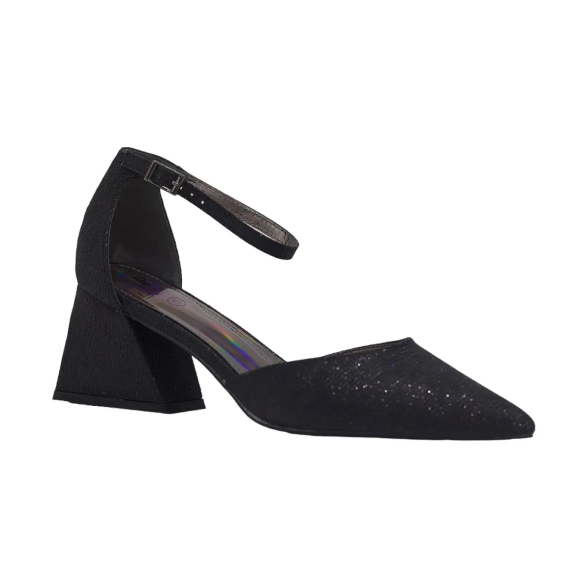 Lamara Paris Mibala 6cm Heel Open Waist Ankle Shimmer Strap Pointy - Black