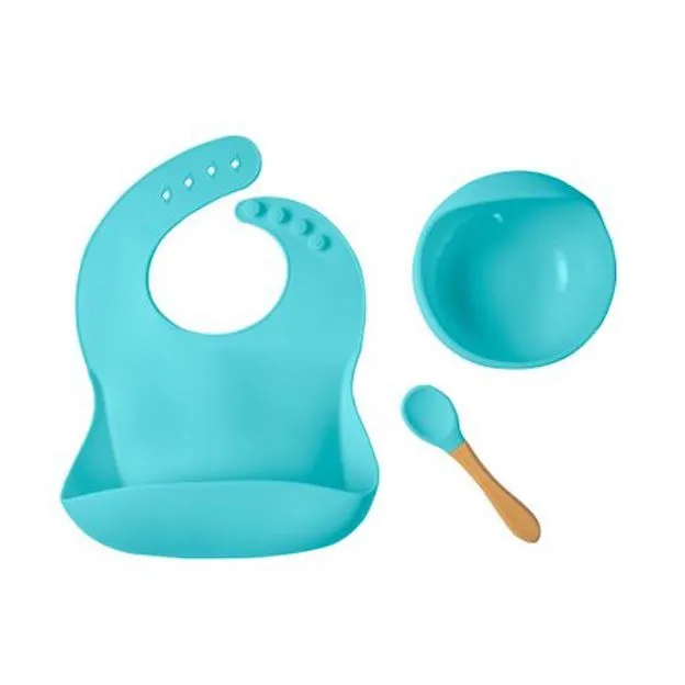 Silicone Baby Bib with Pocket & Silicone Suction Bowl with Spoon - Blue