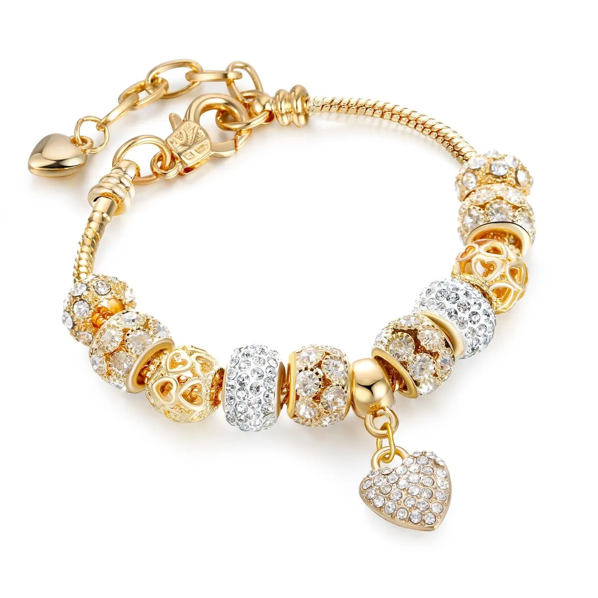 Light Gold Colour Alloy Beaded Heart Charm Bracelet
