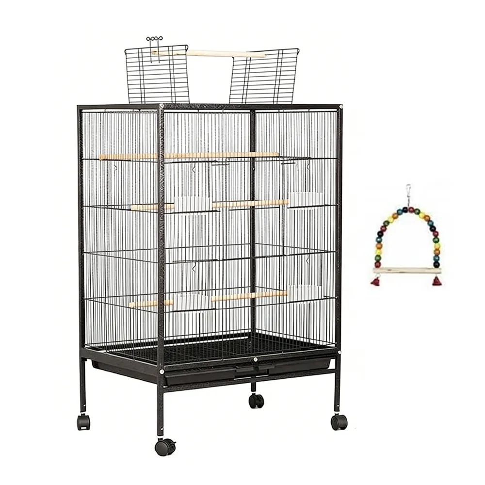 Bird Cage Open Top Parrot Cage with Swing 4 Perches 4 Bowls Rolling Wheels